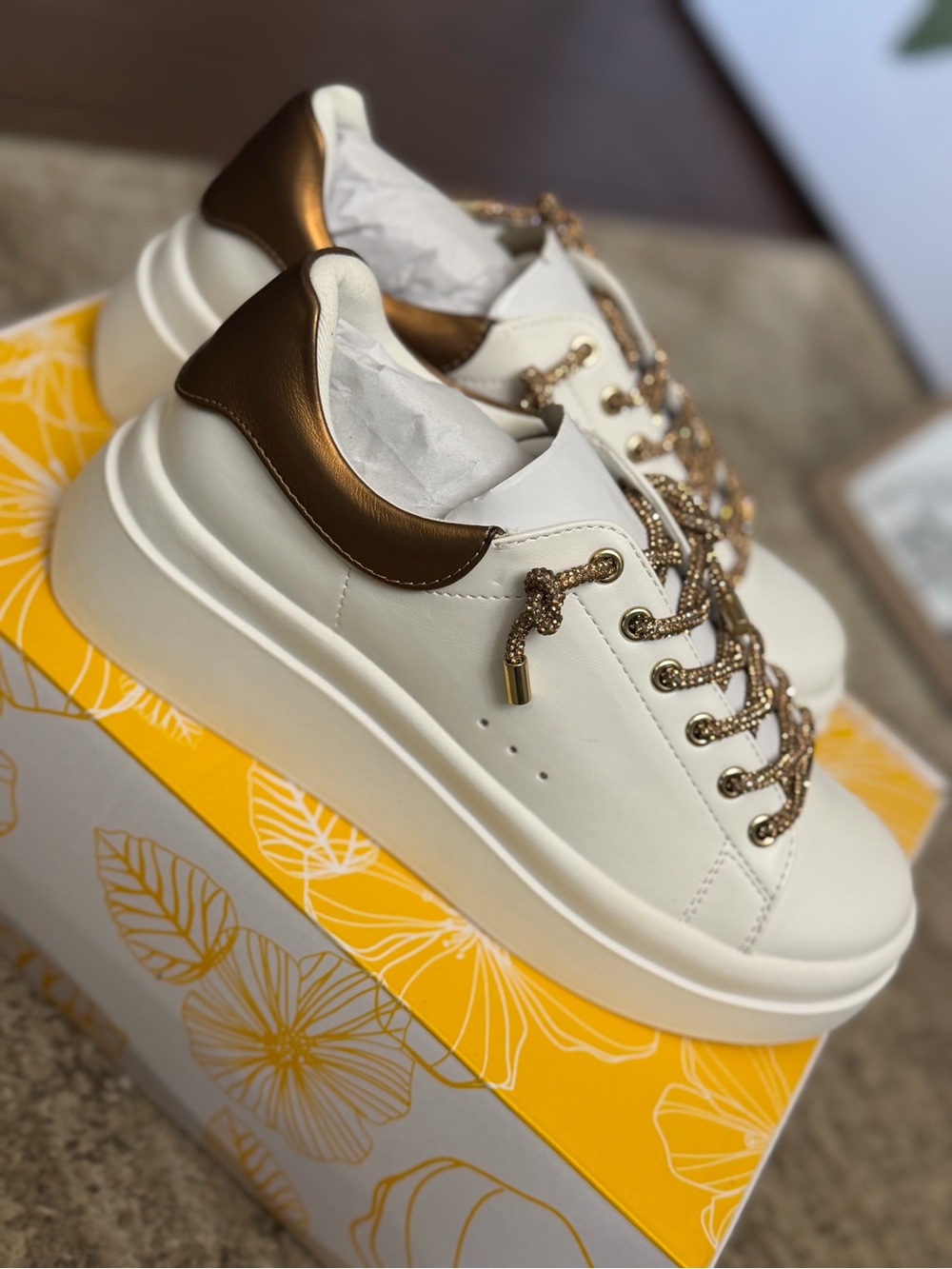 Yellow Box Earl Rhinestone Sneakers with Metallic Gold Heel and Rope Laces